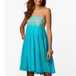 Lilly Pulitzer Jillie Strapless Silk Dress Teal Aqua Gold Beaded Bodice Size 0